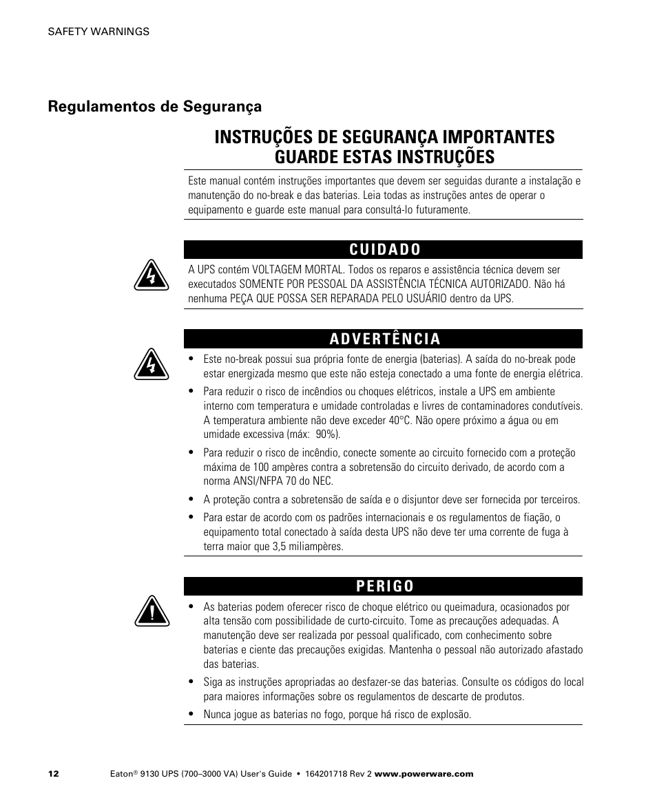 Regulamentos de segurança | Eaton Electrical Powerware 9130 User Manual | Page 20 / 120