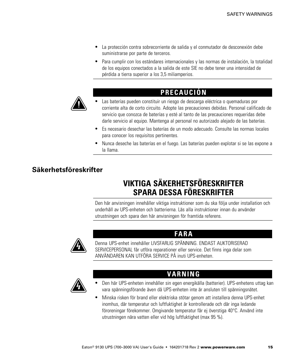 Säkerhetsföreskrifter | Eaton Electrical Powerware 9130 User Manual | Page 23 / 120