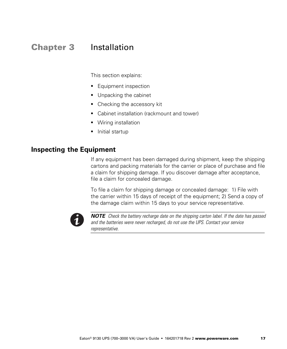 Chapter 3 installation, Inspecting the equipment, Installation | Eaton Electrical Powerware 9130 User Manual | Page 25 / 120