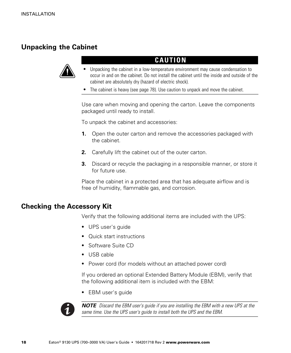 Unpacking the cabinet, Checking the accessory kit, Unpacking the cabinet c | Eaton Electrical Powerware 9130 User Manual | Page 26 / 120