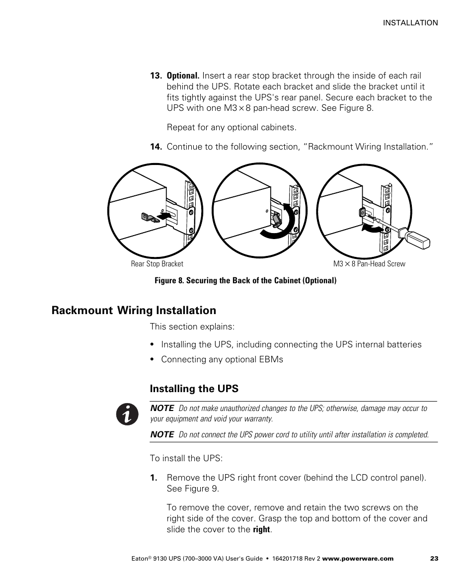 Rackmount wiring installation, Installing the ups | Eaton Electrical Powerware 9130 User Manual | Page 31 / 120