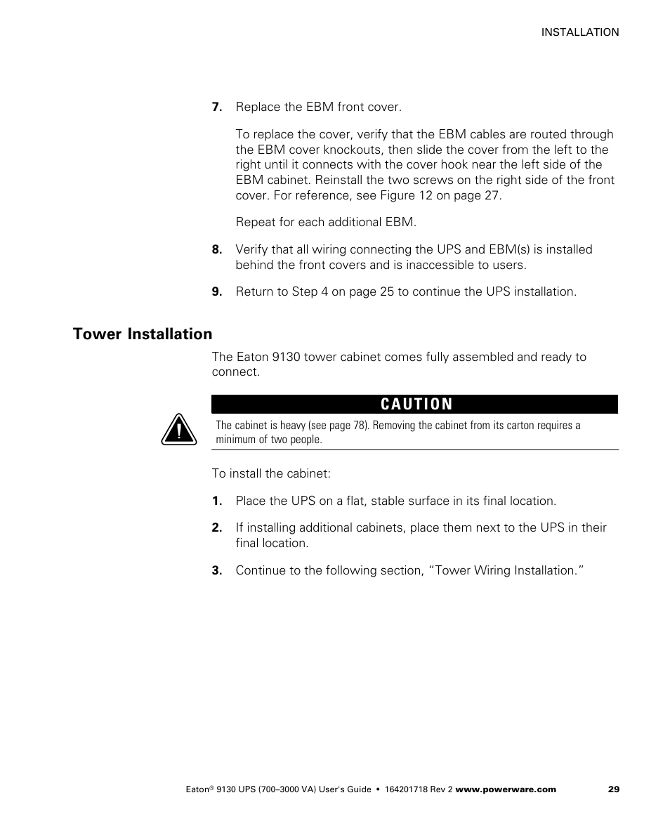 Tower installation | Eaton Electrical Powerware 9130 User Manual | Page 37 / 120