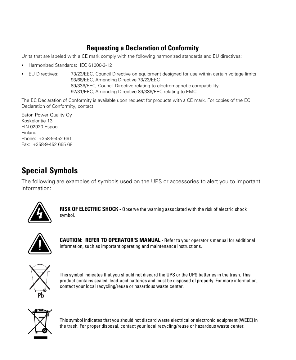 Special symbols, Requesting a declaration of conformity | Eaton Electrical Powerware 9130 User Manual | Page 4 / 120