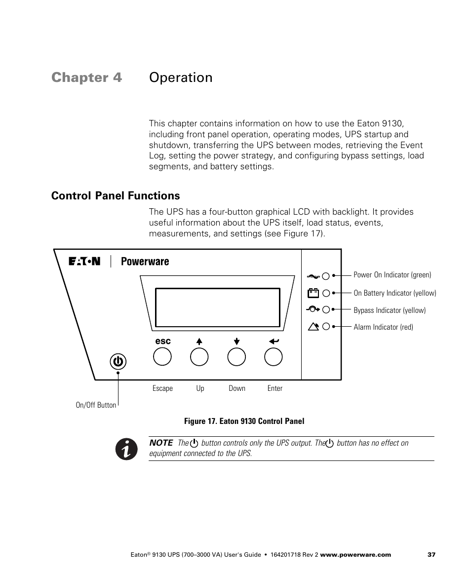 Chapter 4 operation, Control panel functions, Operation | Eaton Electrical Powerware 9130 User Manual | Page 45 / 120
