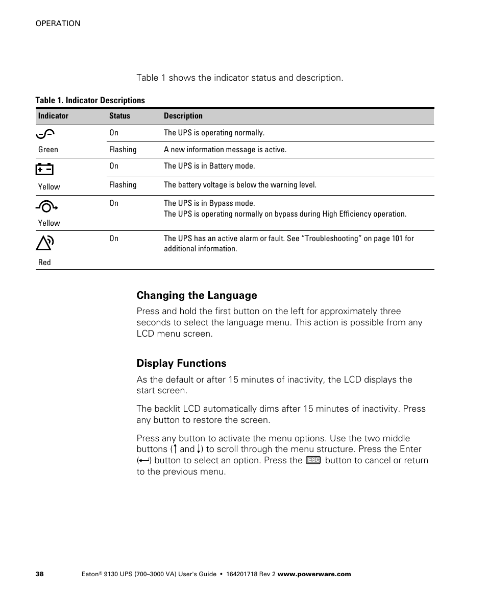 Changing the language, Display functions | Eaton Electrical Powerware 9130 User Manual | Page 46 / 120