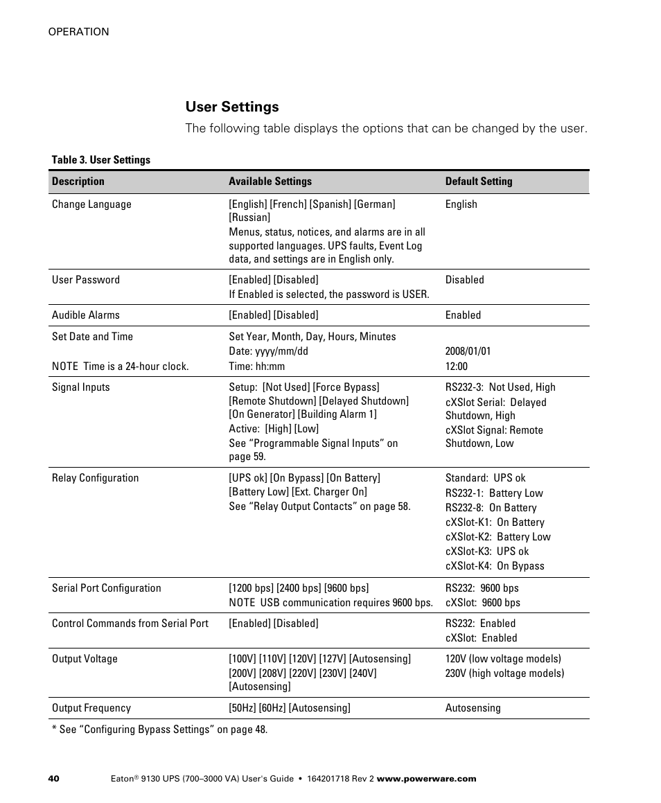 User settings, See table 3 for details | Eaton Electrical Powerware 9130 User Manual | Page 48 / 120