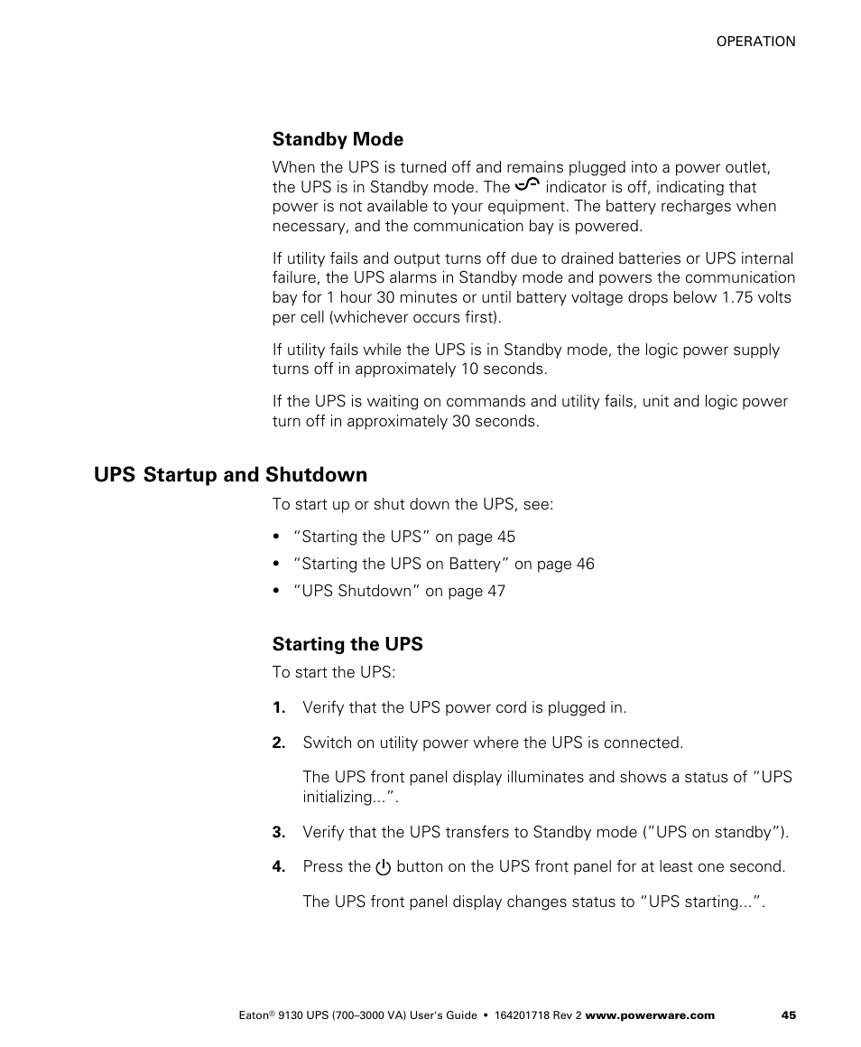 Standby mode, Ups startup and shutdown, Starting the ups | Eaton Electrical Powerware 9130 User Manual | Page 53 / 120