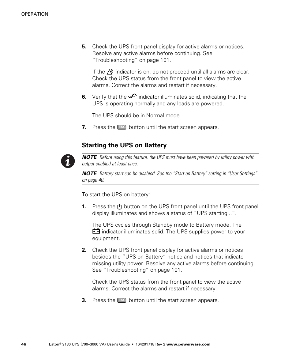 Starting the ups on battery | Eaton Electrical Powerware 9130 User Manual | Page 54 / 120