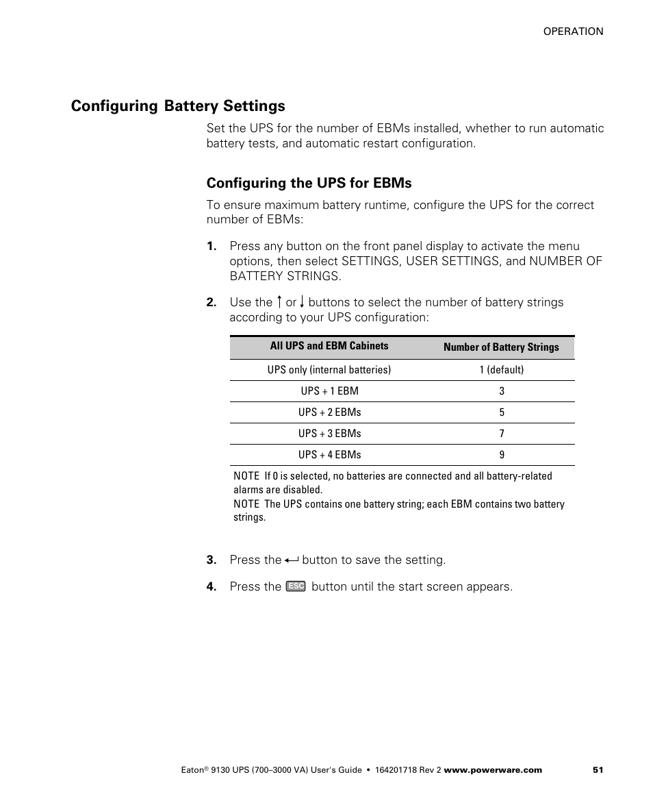 Configuring battery settings, Configuring the ups for ebms | Eaton Electrical Powerware 9130 User Manual | Page 59 / 120