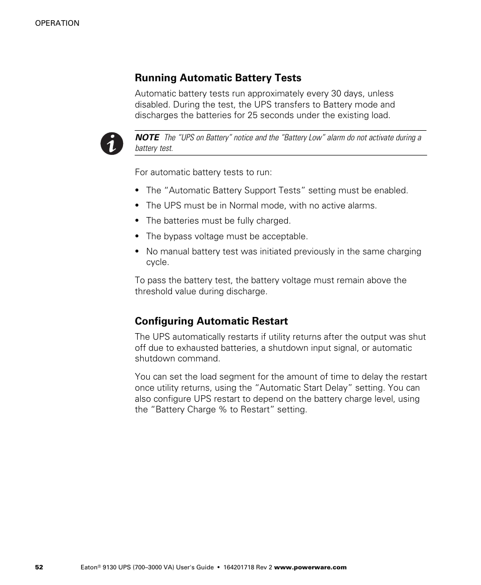 Running automatic battery tests, Configuring automatic restart | Eaton Electrical Powerware 9130 User Manual | Page 60 / 120