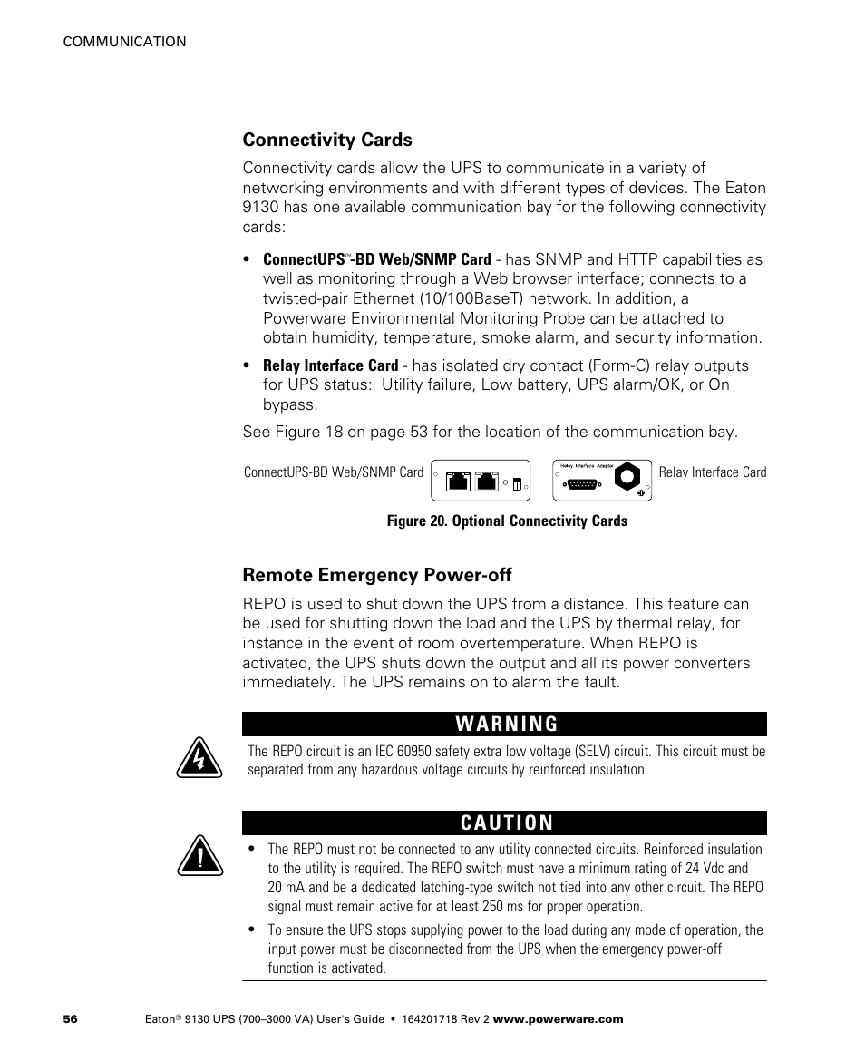 Connectivity cards, Remote emergency power-off | Eaton Electrical Powerware 9130 User Manual | Page 64 / 120