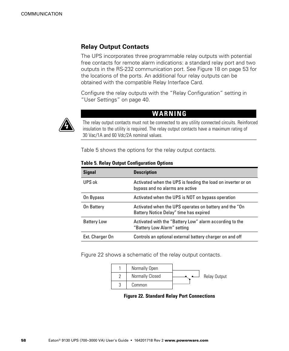 Relay output contacts | Eaton Electrical Powerware 9130 User Manual | Page 66 / 120