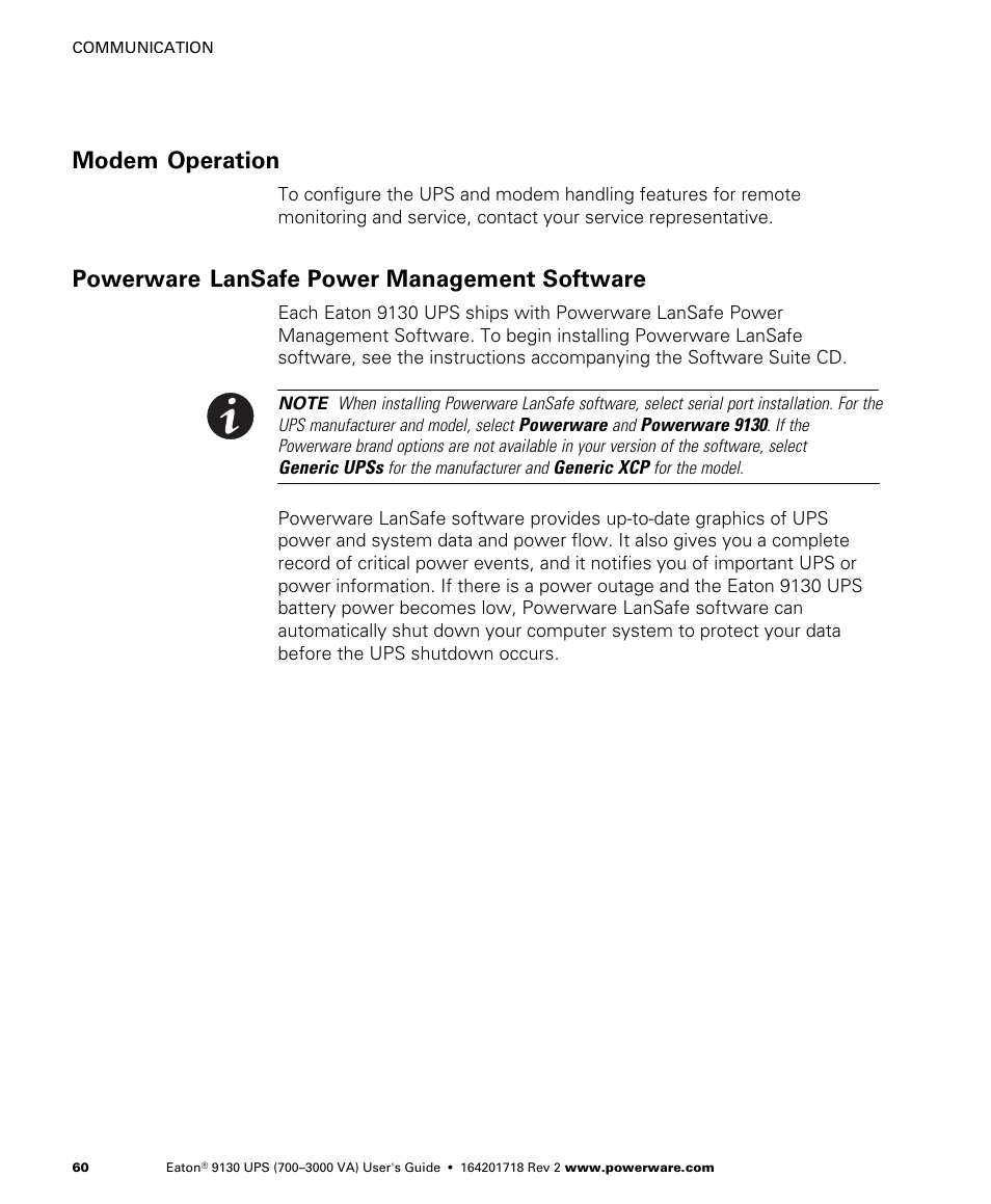 Modem operation, Powerware lansafe power management software | Eaton Electrical Powerware 9130 User Manual | Page 68 / 120