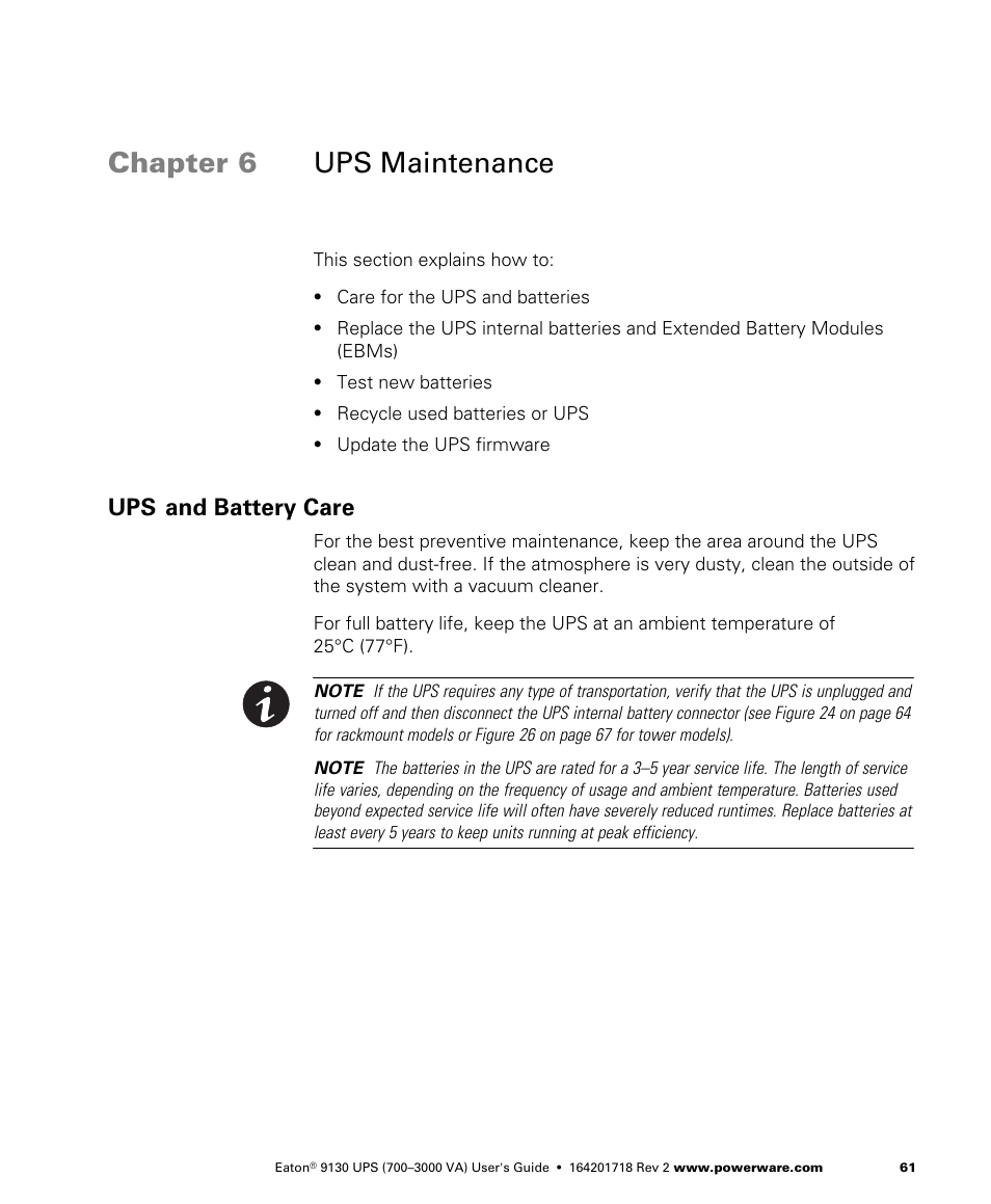 Chapter 6 ups maintenance, Ups and battery care, Ups maintenance | Eaton Electrical Powerware 9130 User Manual | Page 69 / 120