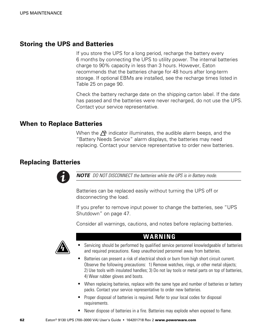 Storing the ups and batteries, When to replace batteries, Replacing batteries | Eaton Electrical Powerware 9130 User Manual | Page 70 / 120