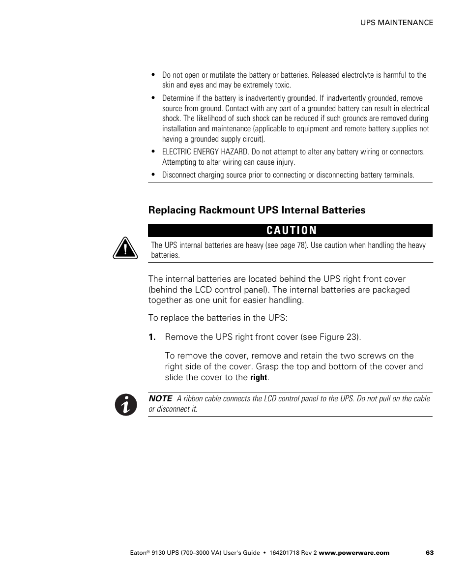 Replacing rackmount ups internal batteries | Eaton Electrical Powerware 9130 User Manual | Page 71 / 120