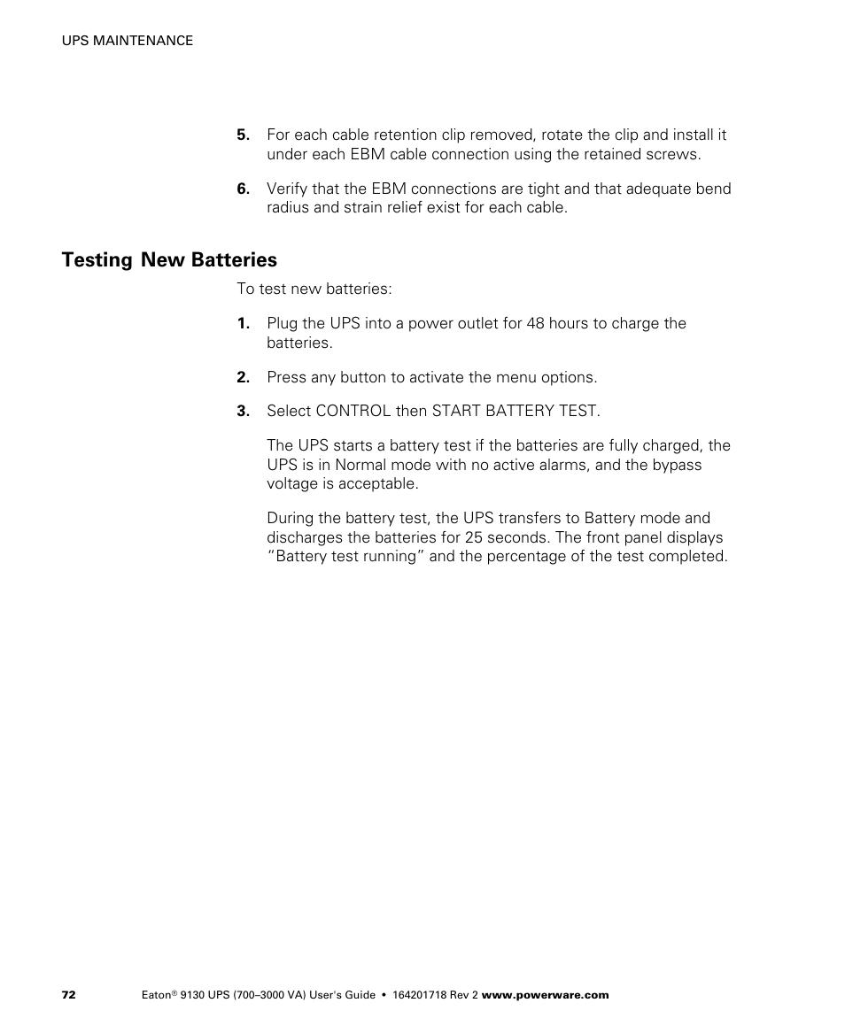 Testing new batteries | Eaton Electrical Powerware 9130 User Manual | Page 80 / 120