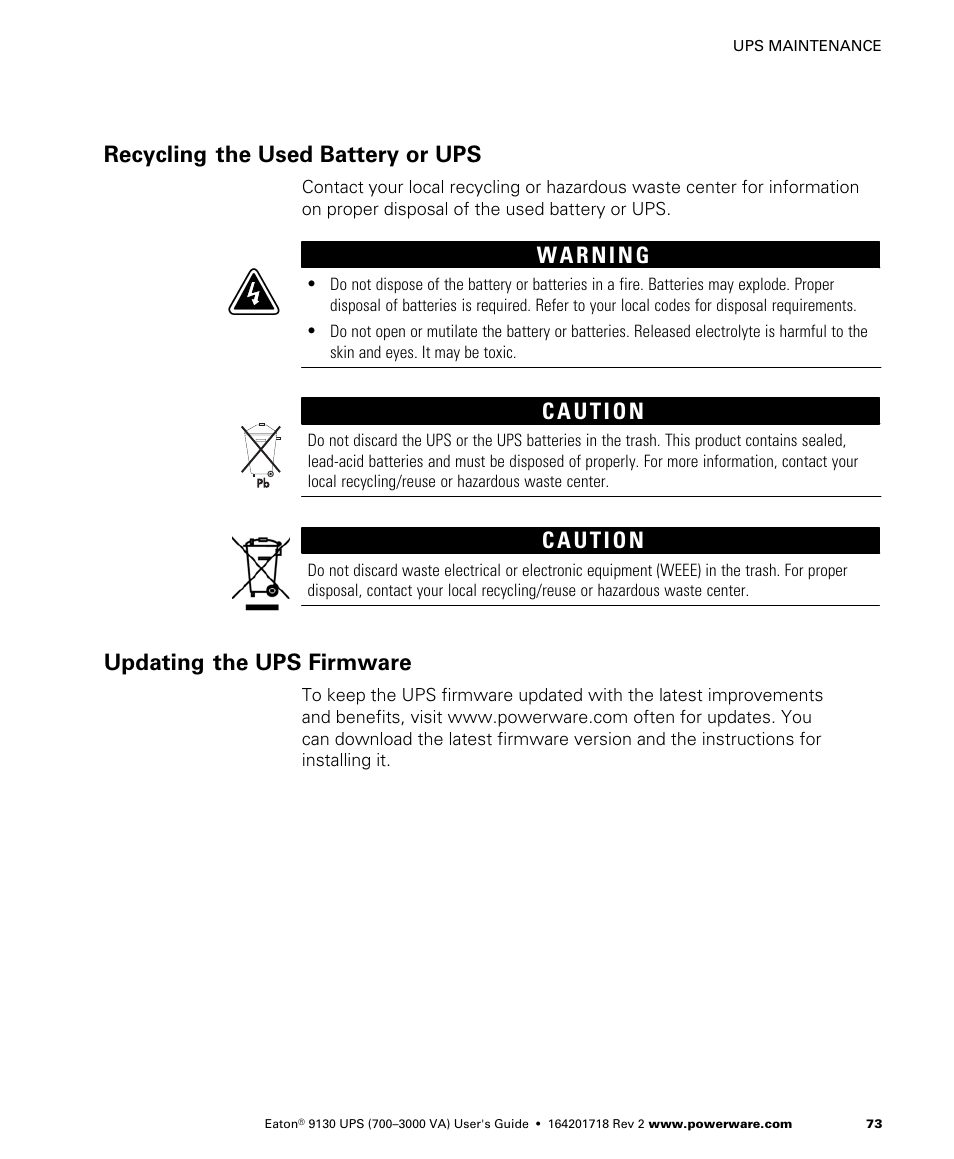 Recycling the used battery or ups, Updating the ups firmware, 73 for proper disposal | Eaton Electrical Powerware 9130 User Manual | Page 81 / 120
