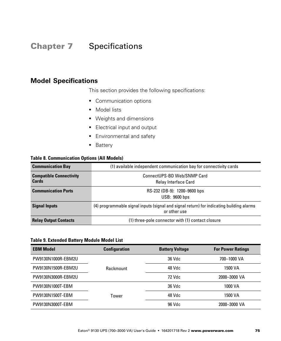 Chapter 7 specifications, Model specifications, Specifications | Eaton Electrical Powerware 9130 User Manual | Page 83 / 120