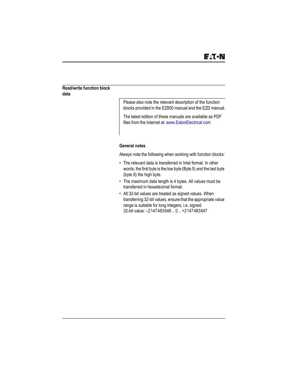 Read/write function block data, General notes, Ez800/ezd control commands | Eaton Electrical PROFIBUS-DP EZ204-DP User Manual | Page 124 / 212