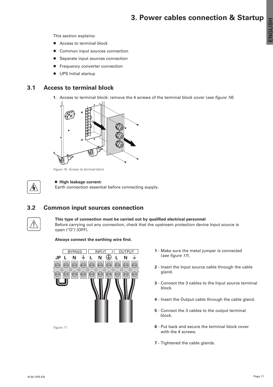 Power cables connection & startup, 1 access to terminal block, 2 common input sources connection | English | Eaton Electrical 9130 User Manual | Page 11 / 36