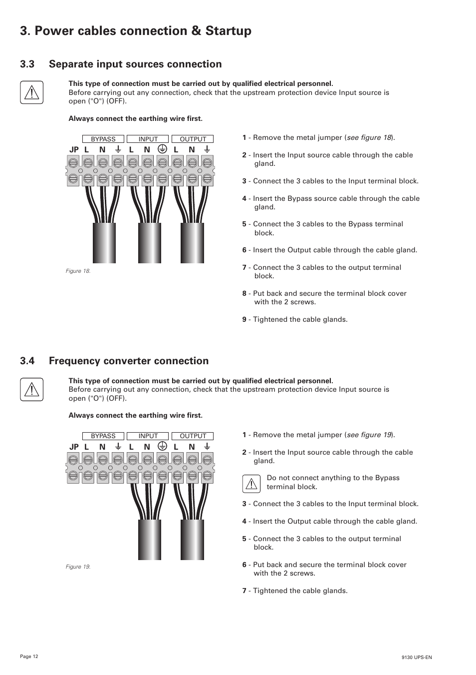 Power cables connection & startup, 3 separate input sources connection, 4 frequency converter connection | Eaton Electrical 9130 User Manual | Page 12 / 36