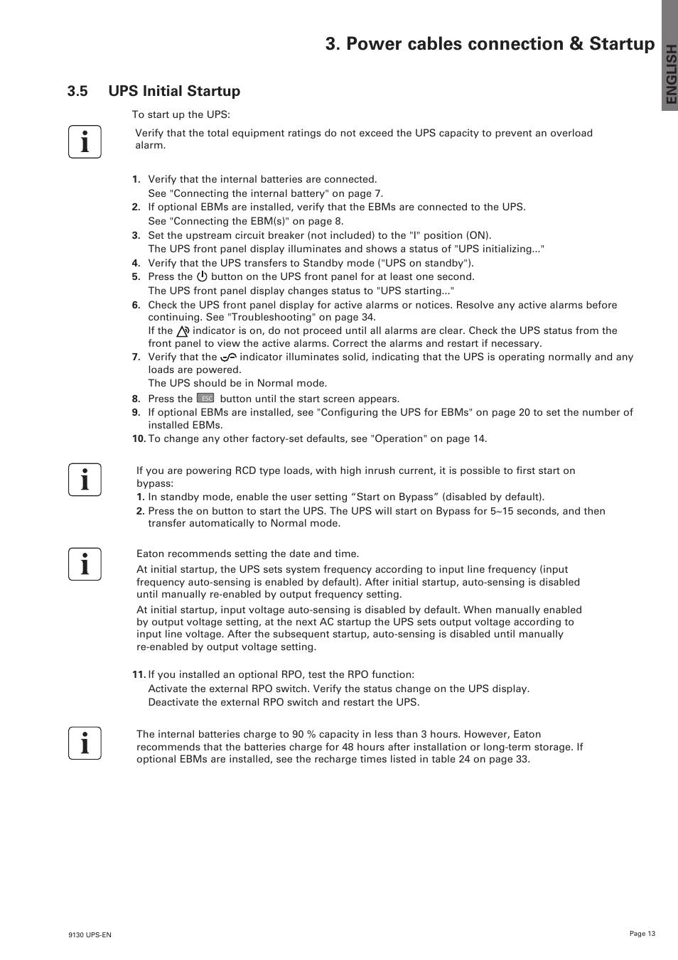 Power cables connection & startup, 5 ups initial startup, English | Eaton Electrical 9130 User Manual | Page 13 / 36