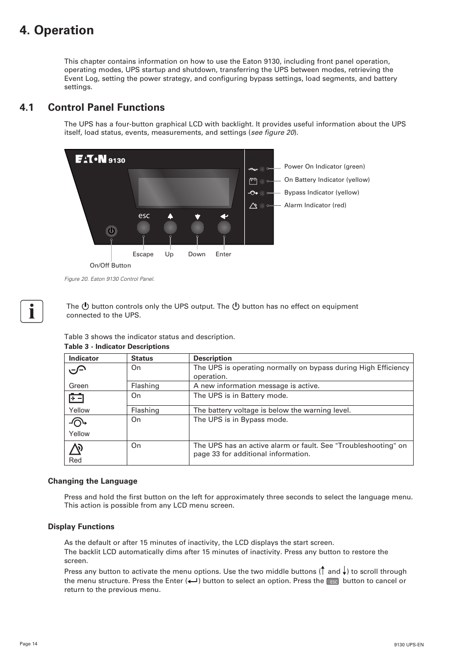 Operation, 1 control panel functions | Eaton Electrical 9130 User Manual | Page 14 / 36