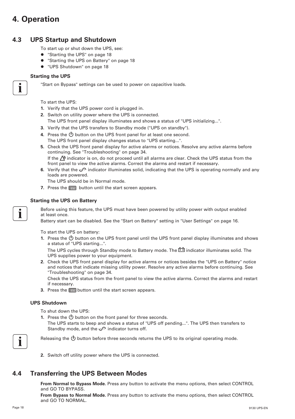 Operation, 3 ups startup and shutdown, 4 transferring the ups between modes | Eaton Electrical 9130 User Manual | Page 18 / 36