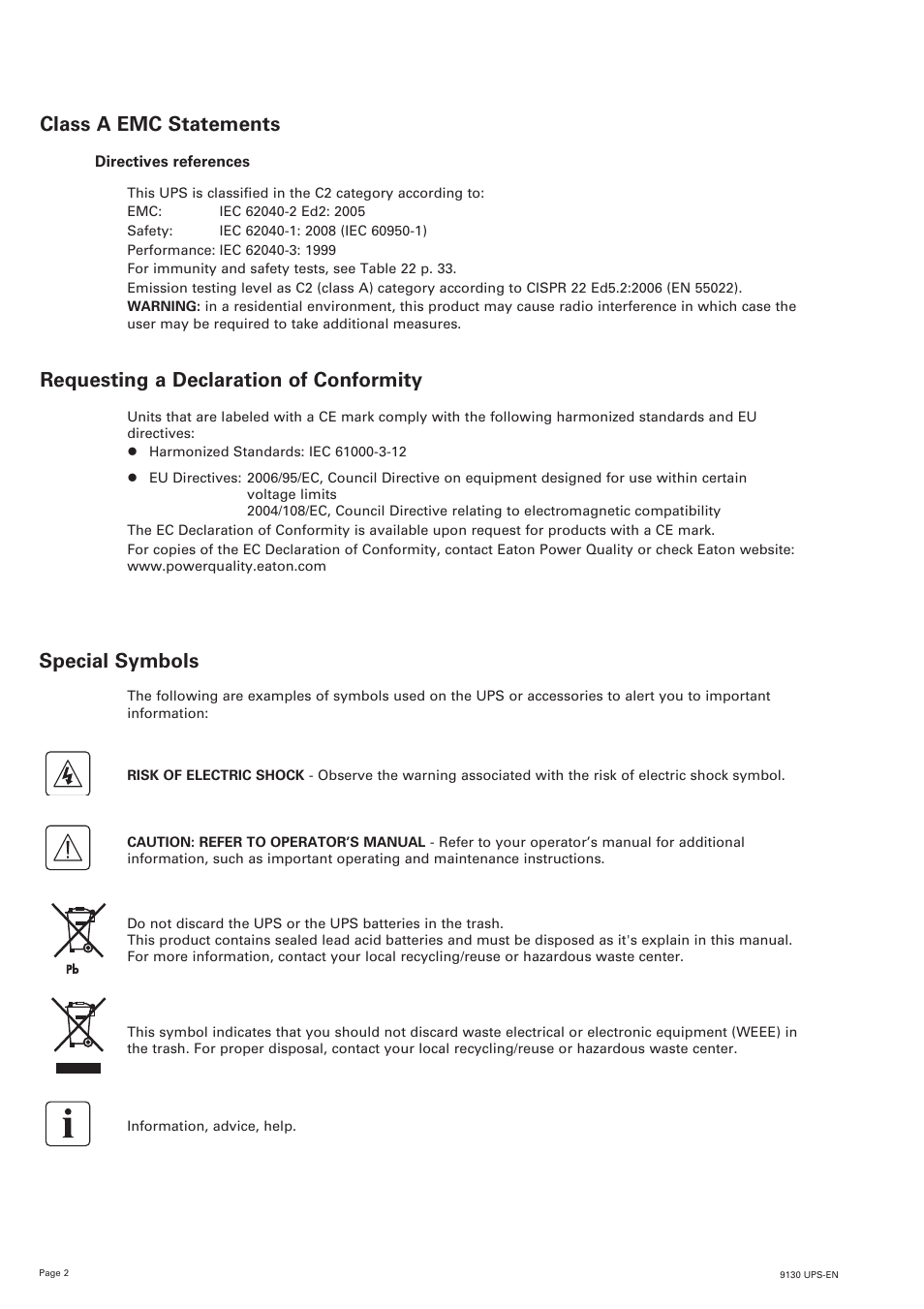 Special symbols | Eaton Electrical 9130 User Manual | Page 2 / 36