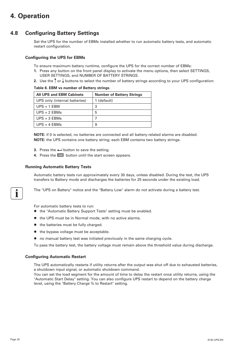 Operation, 8 configuring battery settings | Eaton Electrical 9130 User Manual | Page 20 / 36