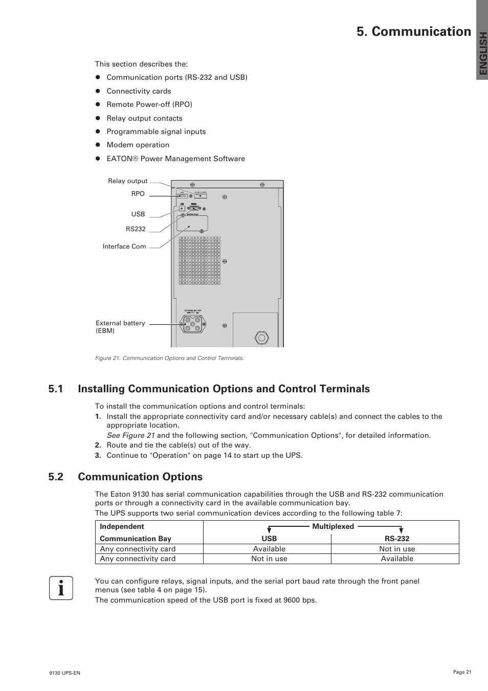 Communication, 2 communication options, English | Eaton Electrical 9130 User Manual | Page 21 / 36