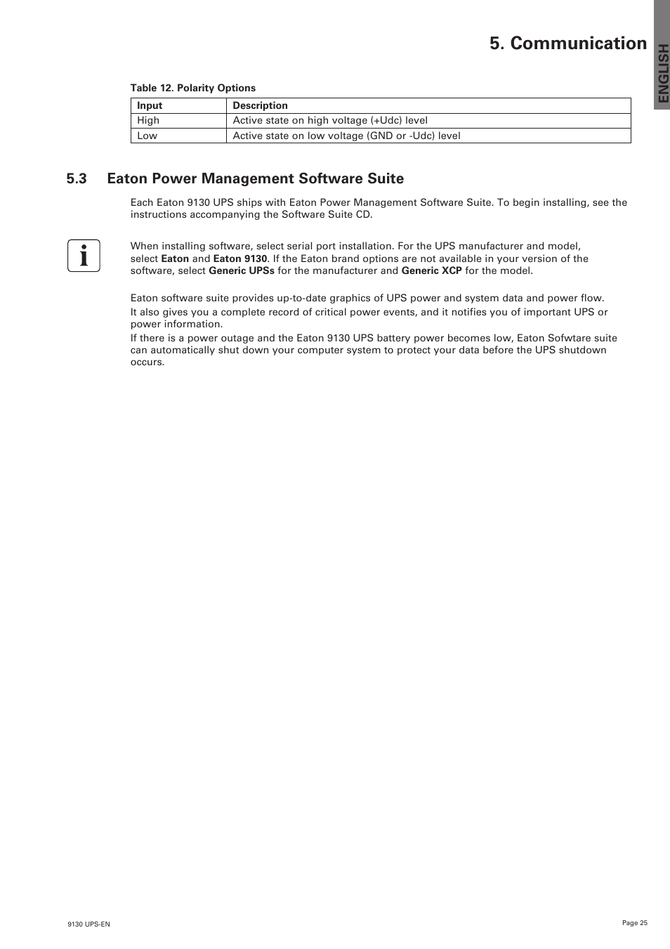 Communication, 3 eaton power management software suite, English | Eaton Electrical 9130 User Manual | Page 25 / 36