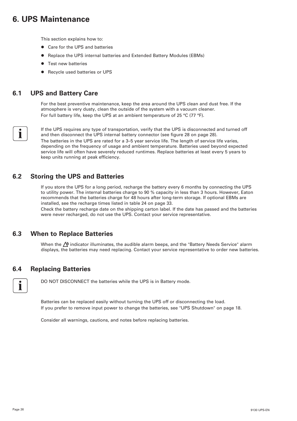 Ups maintenance, 1 ups and battery care, 2 storing the ups and batteries | 3 when to replace batteries, 4 replacing batteries | Eaton Electrical 9130 User Manual | Page 26 / 36