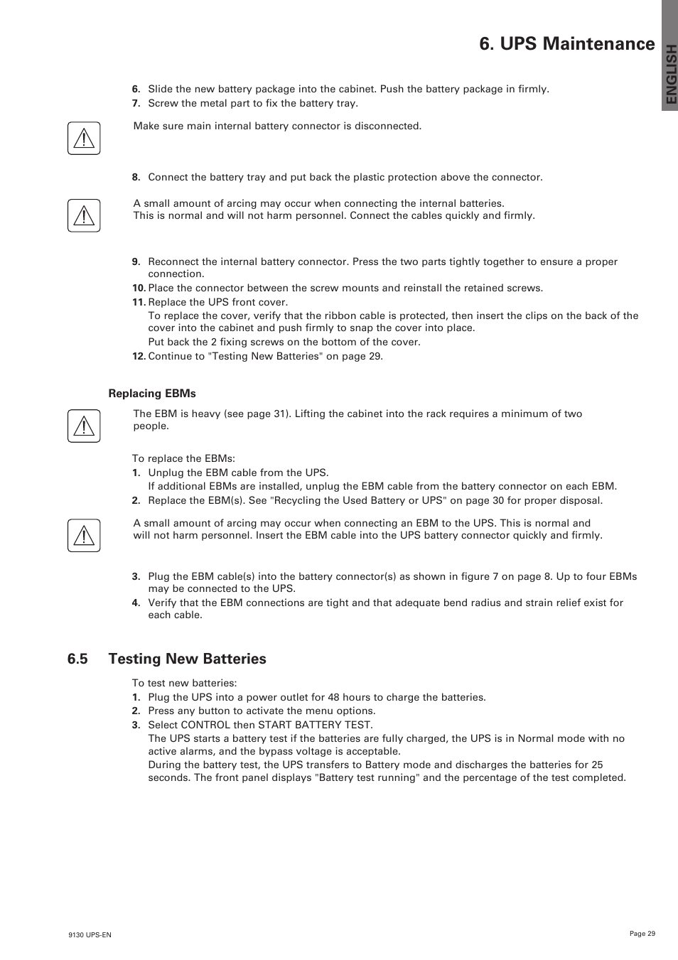 Ups maintenance, 5 testing new batteries, English | Eaton Electrical 9130 User Manual | Page 29 / 36