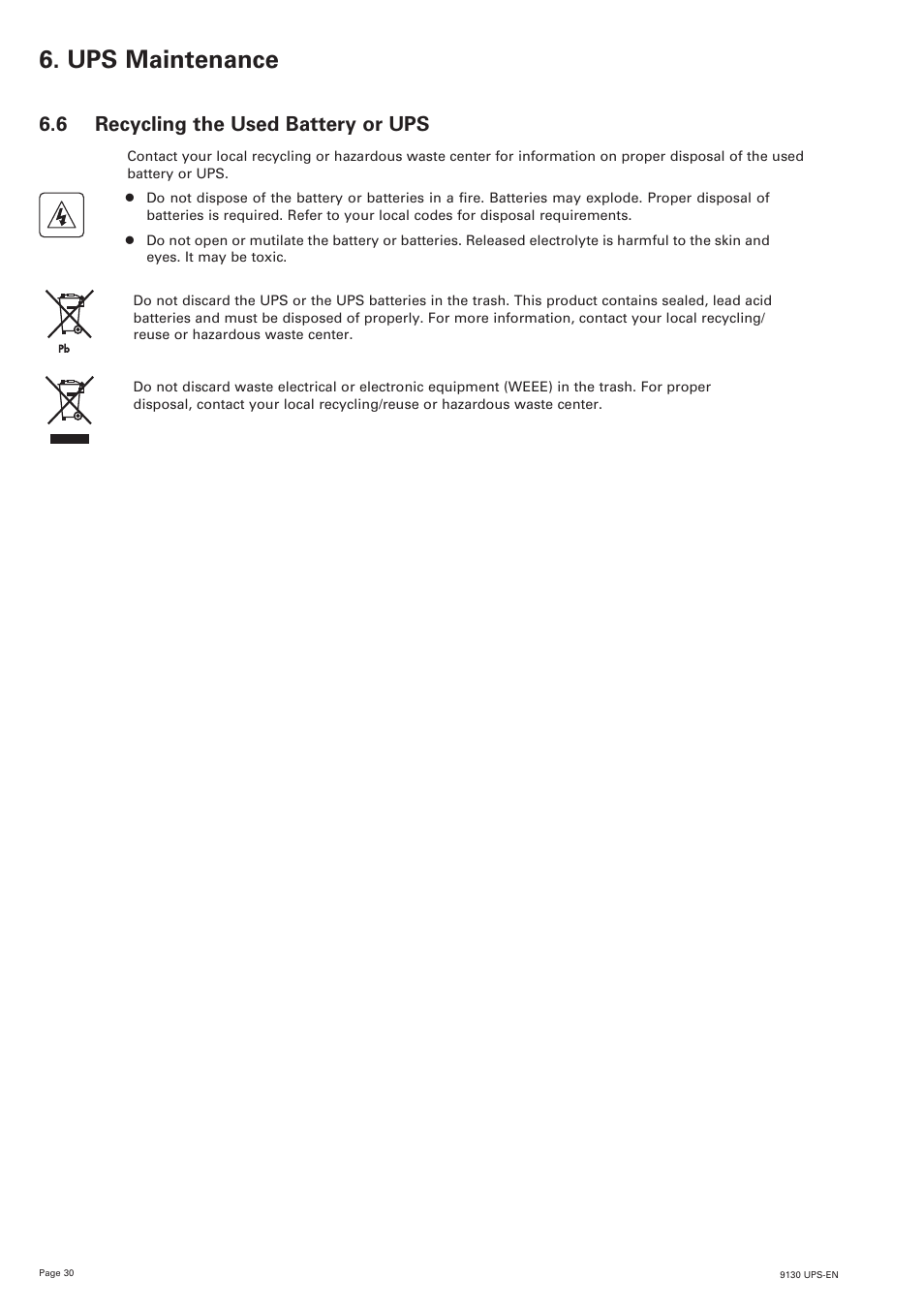 Ups maintenance, 6 recycling the used battery or ups | Eaton Electrical 9130 User Manual | Page 30 / 36