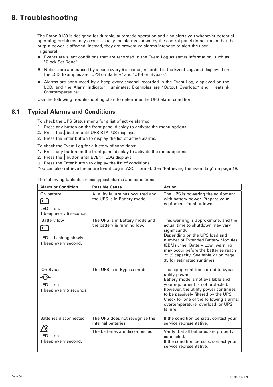 Troubleshooting, 1 typical alarms and conditions | Eaton Electrical 9130 User Manual | Page 34 / 36