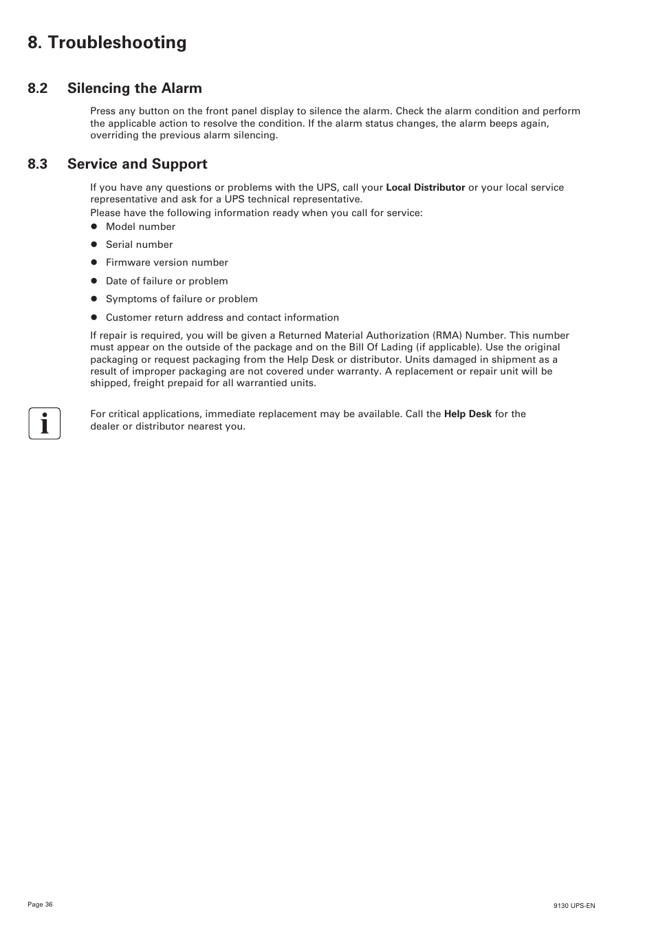 Troubleshooting, 2 silencing the alarm, 3 service and support | Eaton Electrical 9130 User Manual | Page 36 / 36