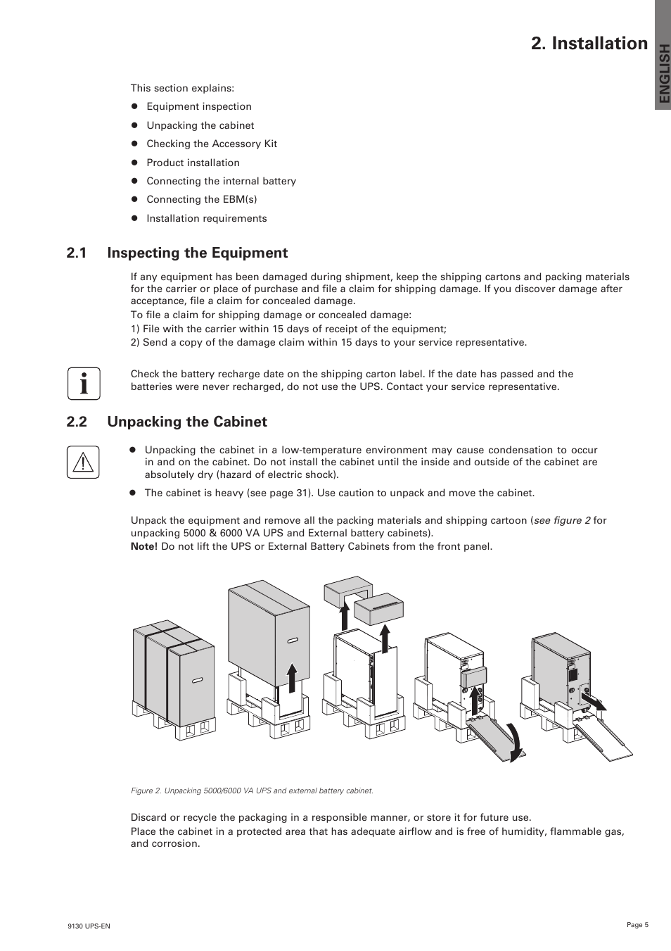 Installation, 1 inspecting the equipment, 2 unpacking the cabinet | English | Eaton Electrical 9130 User Manual | Page 5 / 36