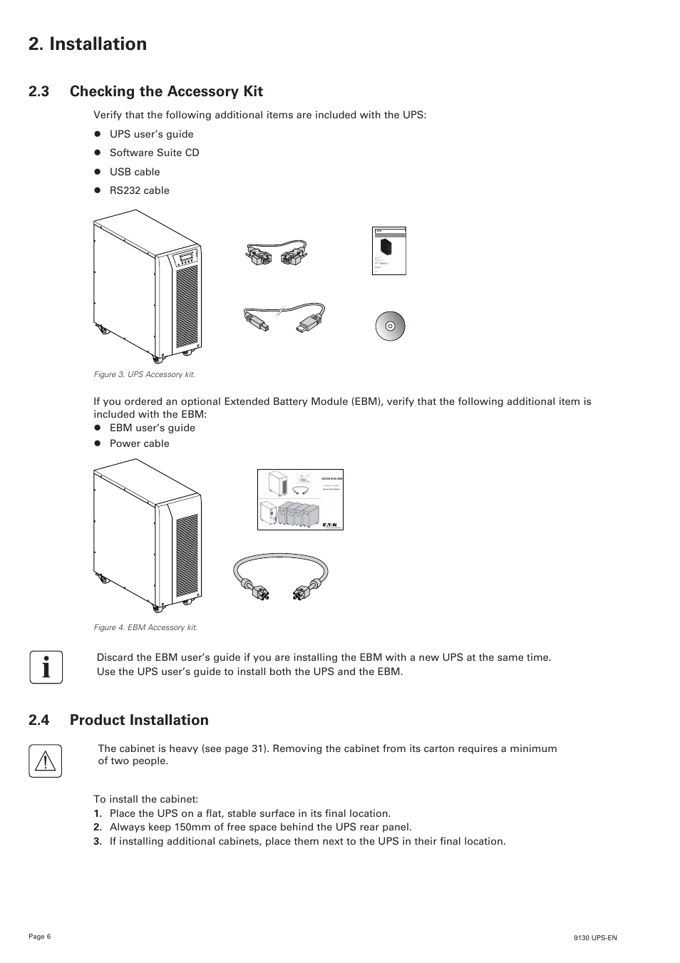 Installation, 3 checking the accessory kit, 4 product installation | Eaton Electrical 9130 User Manual | Page 6 / 36