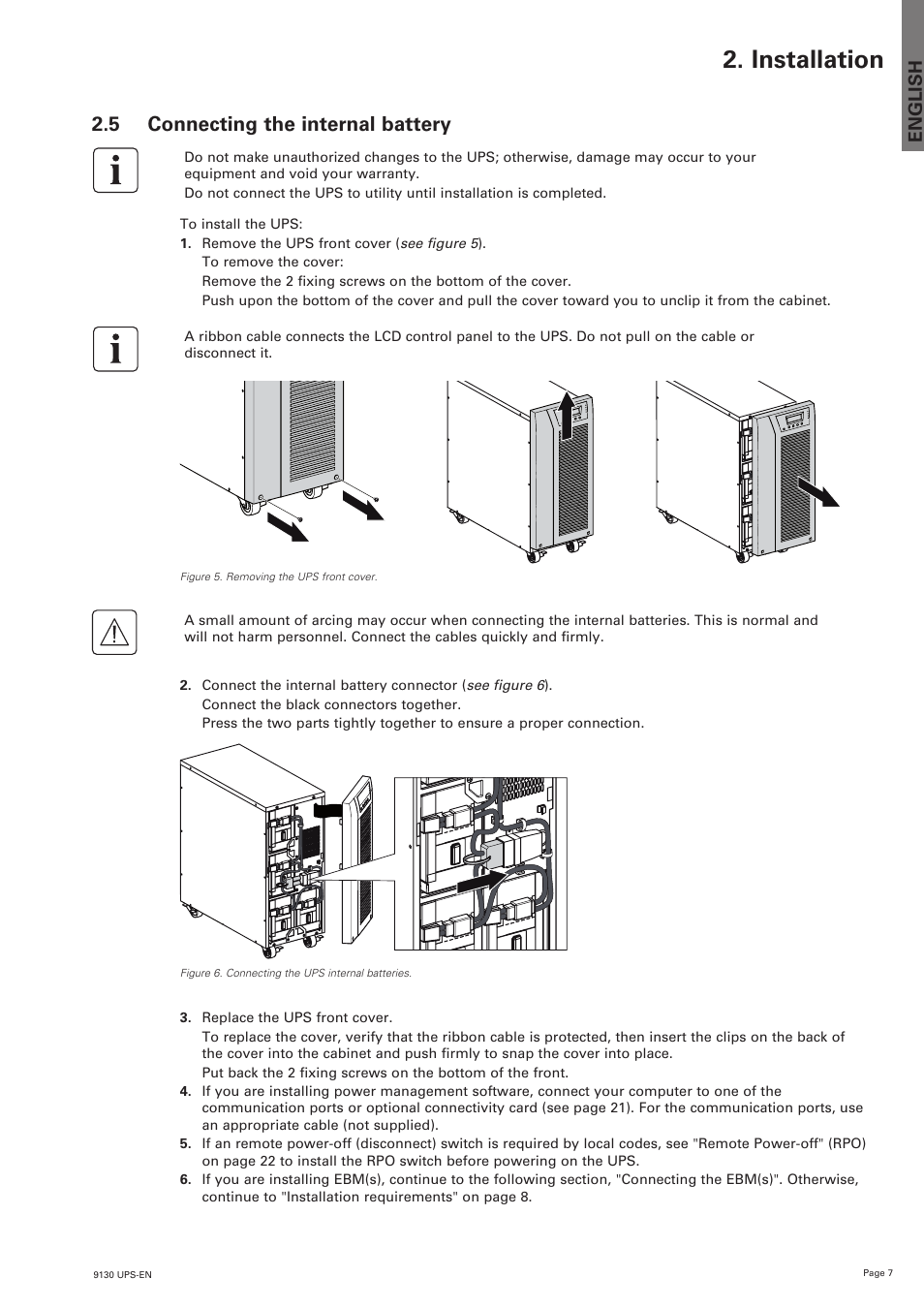 Installation, 5 connecting the internal battery, English | Eaton Electrical 9130 User Manual | Page 7 / 36