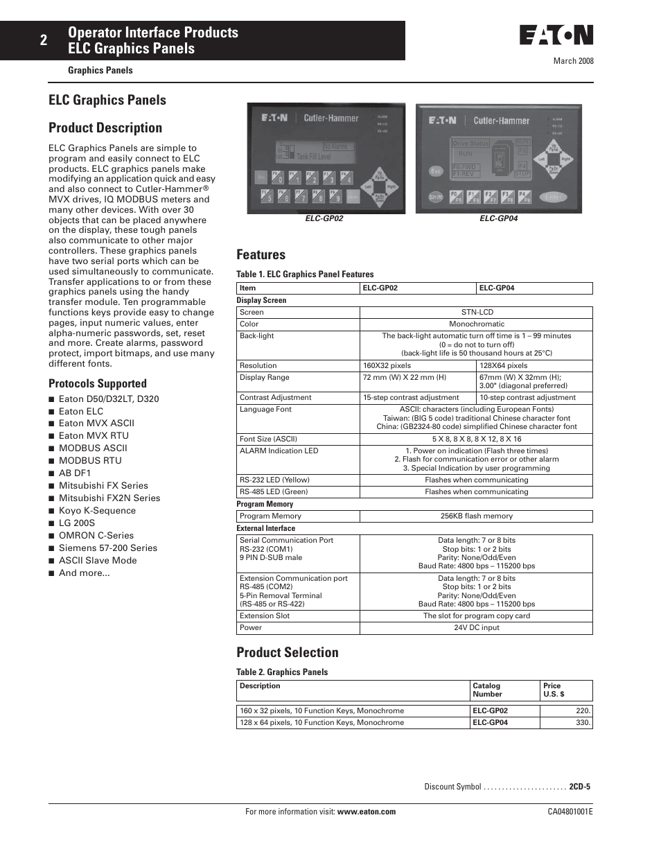 Operator interface products elc graphics panels, Elc graphics panels product description, Features | Product selection, Protocols supported | Eaton Electrical CA04801001E User Manual | Page 2 / 38