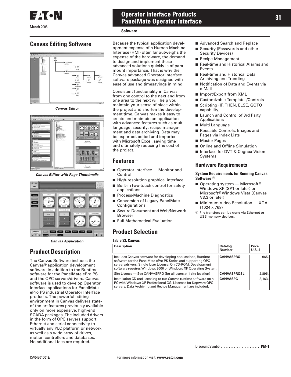 Canvas editing software, Product description, Features | Product selection, Hardware requirements | Eaton Electrical CA04801001E User Manual | Page 31 / 38