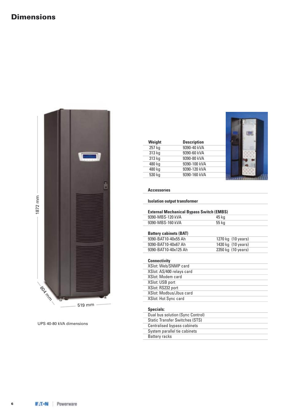 Dimensions | Eaton Electrical Powerware 9390 User Manual | Page 6 / 7