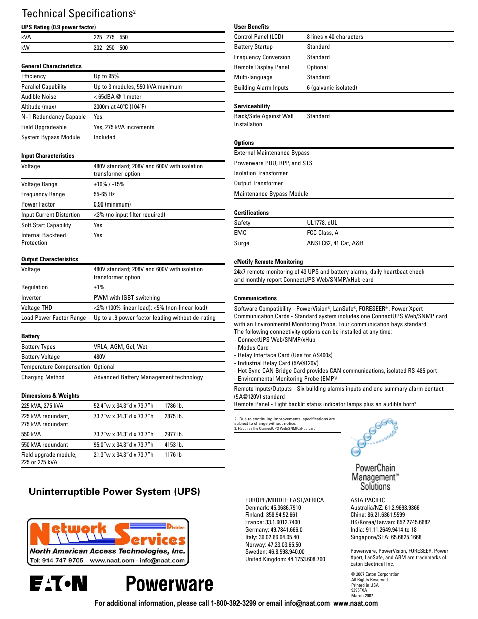 Technical specifications, Uninterruptible power system (ups) | Eaton Electrical Powerware 9825 User Manual | Page 4 / 4