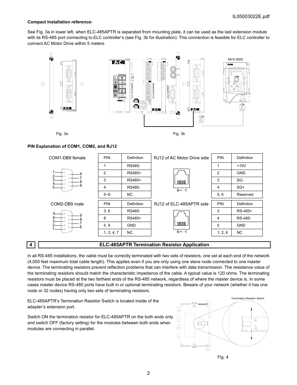 4elc-485aptr termination resistor application, Rj12 of ac motor drive side, Com2-db9 male | Fig. 4 | Eaton Electrical ELC-485APTR User Manual | Page 2 / 2