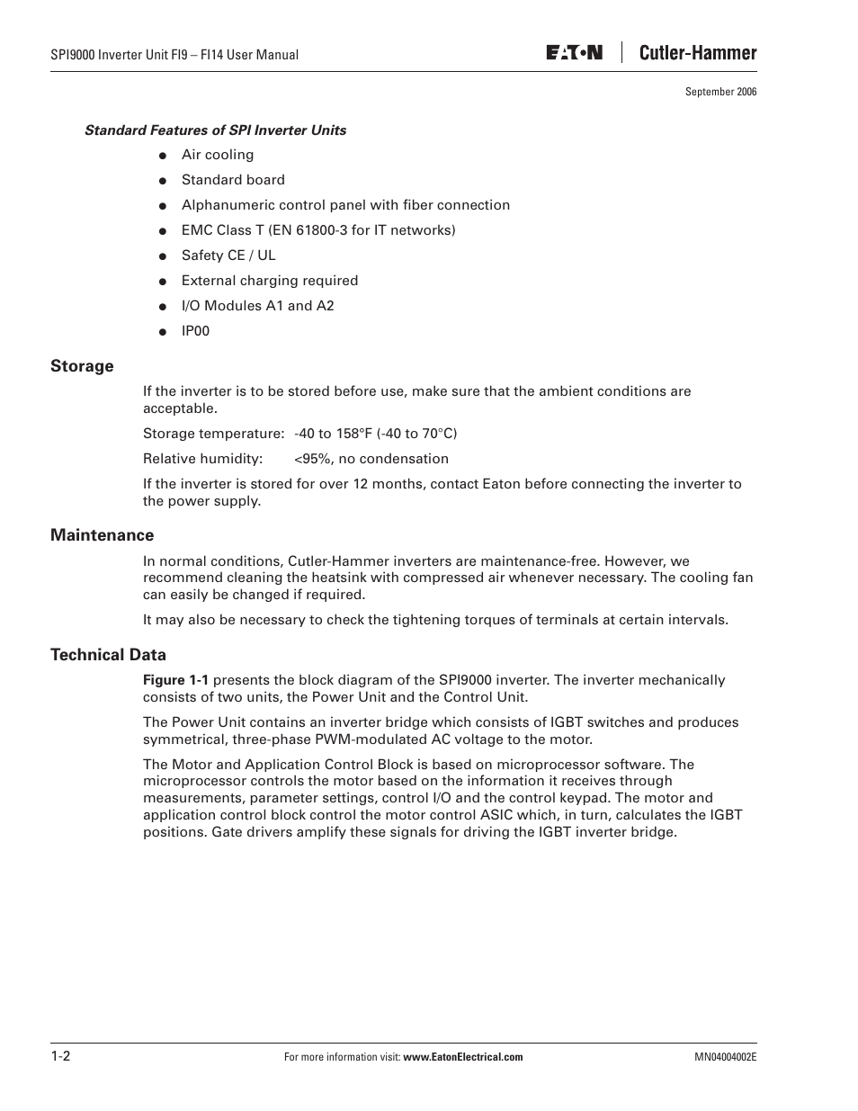 Storage, Maintenance, Technical data | Eaton Electrical SPI9000 User Manual | Page 12 / 96