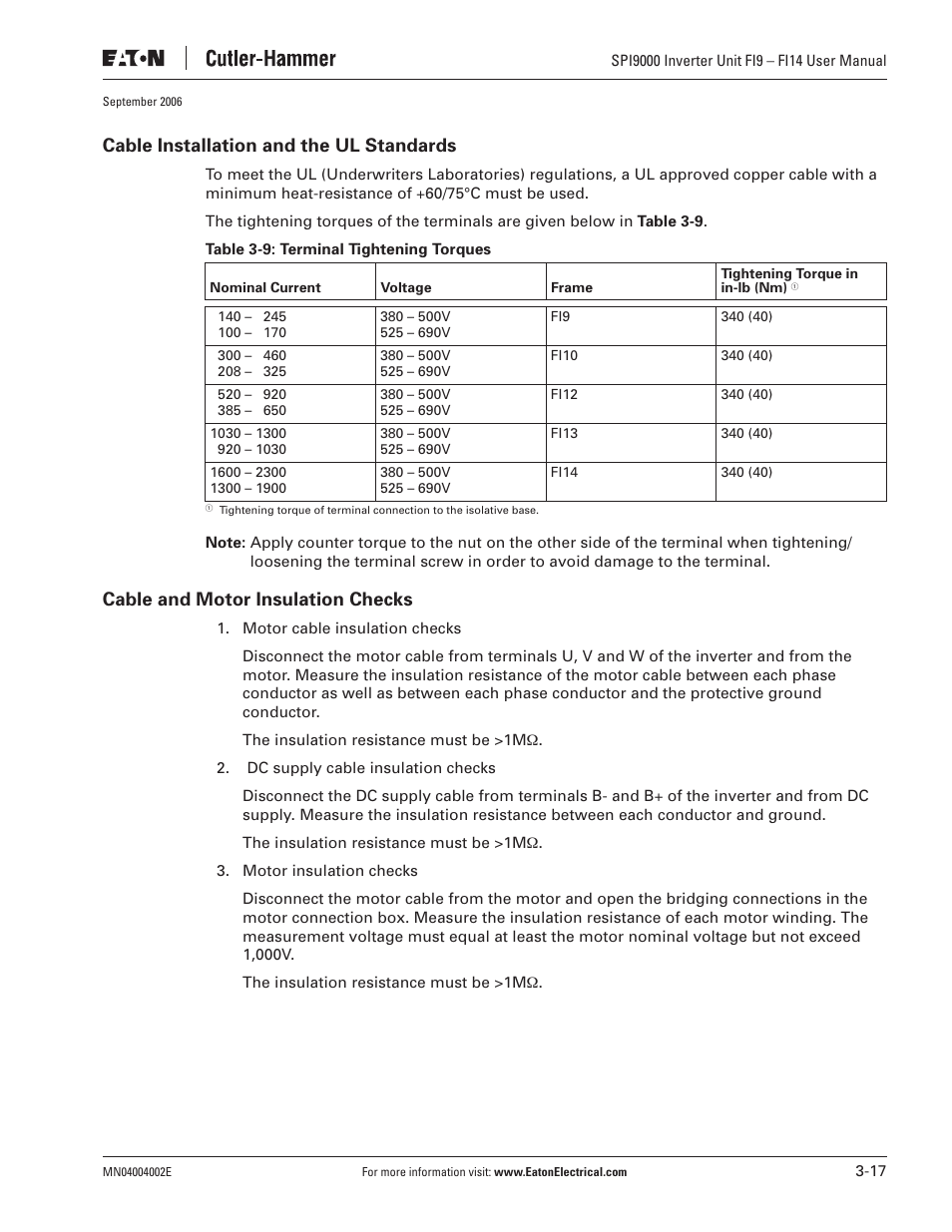Cable installation and the ul standards, Cable and motor insulation checks | Eaton Electrical SPI9000 User Manual | Page 41 / 96