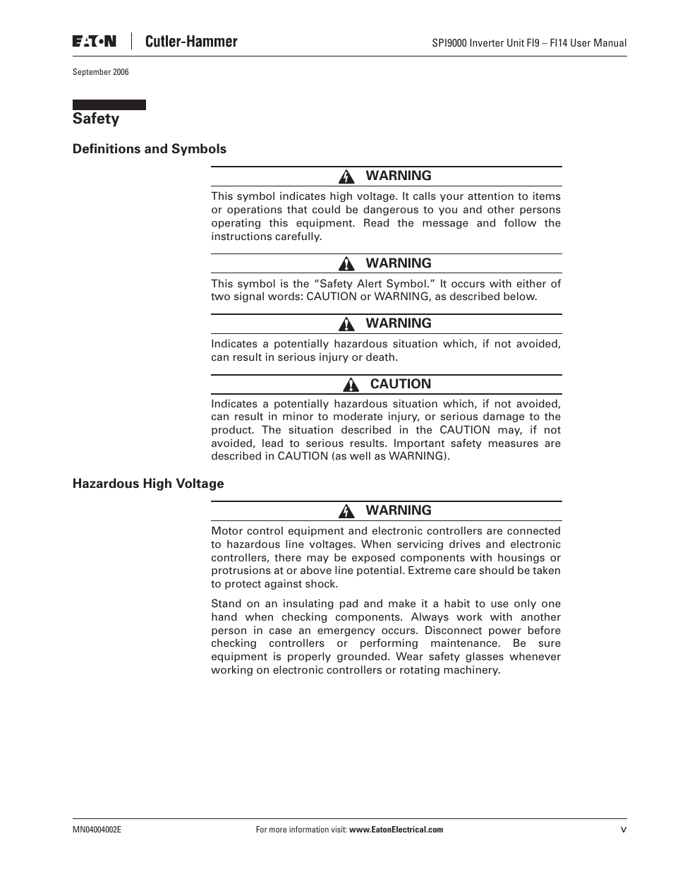 Safety | Eaton Electrical SPI9000 User Manual | Page 7 / 96