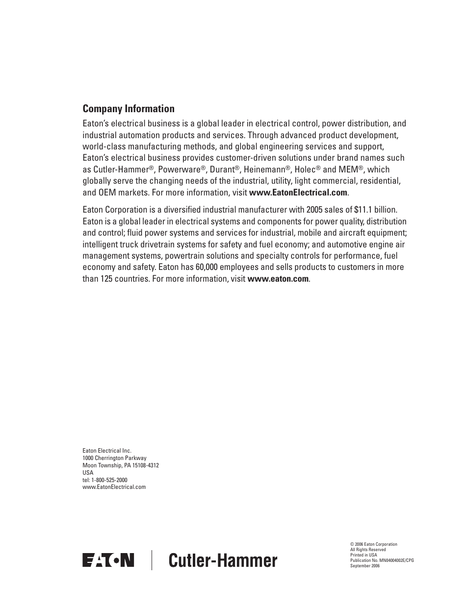 Company information | Eaton Electrical SPI9000 User Manual | Page 96 / 96